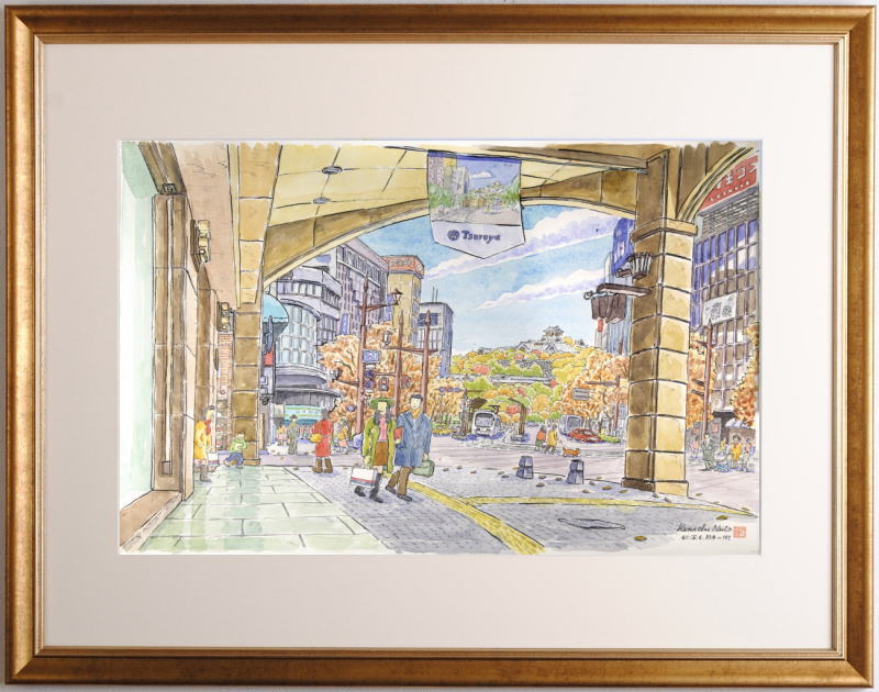 絵画の水彩画で内藤謙一が描いた熊本の絵「秋深む城下町」を通販で販売