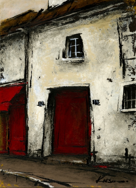 油絵の絵画でパリの街角を描いた中野克彦の油絵「赤い扉のある通り」を 