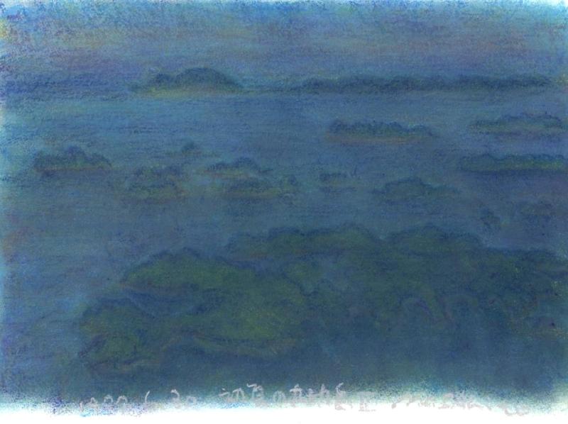 海の絵画をクレヨン画で描いた瀬崎正人の長崎県佐世保市の海の絵「初夏