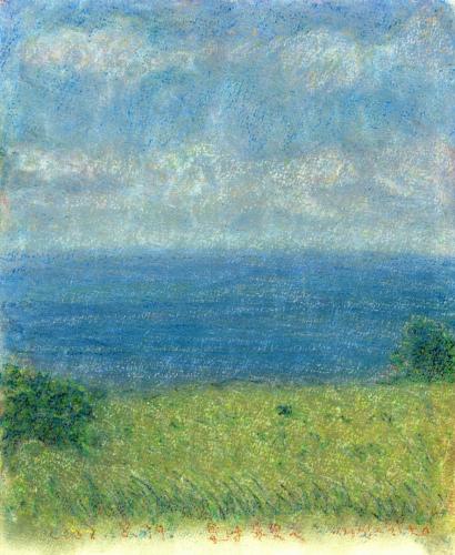 絵画のクレヨン画で瀬崎正人が描いた空と海の絵「夏は秋へ」を販売