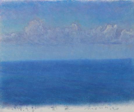 絵画のクレヨン画で瀬崎正人が描いた空と海の絵・「到来」を通販で販売