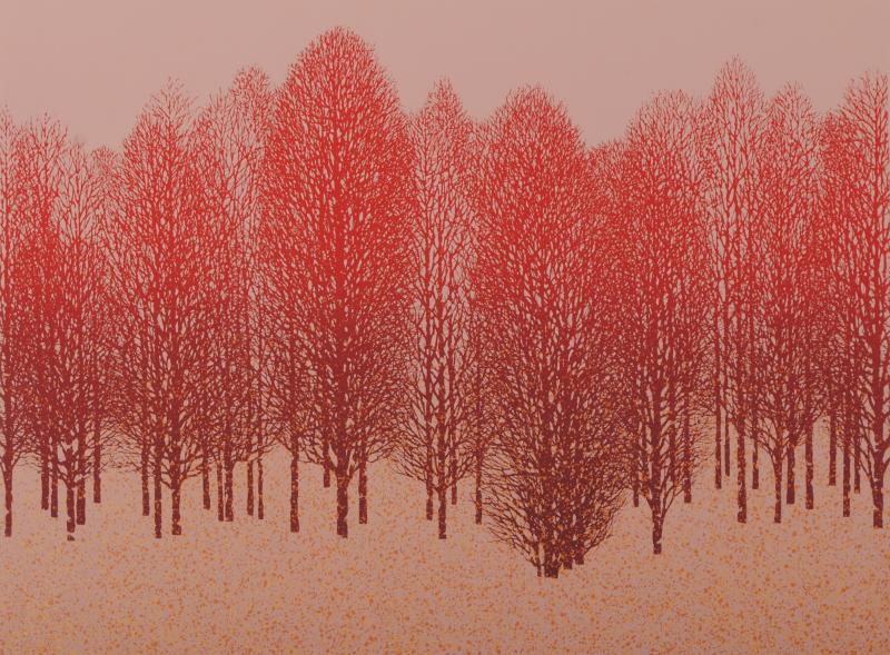 木の絵画をシルクスクリーンの版画で制作した池上壮豊の木の絵「樹」を