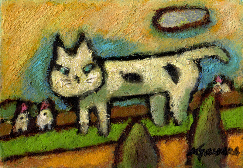油絵の絵画で田原健二が描いた猫の絵の油絵「青い目をした白い猫」を