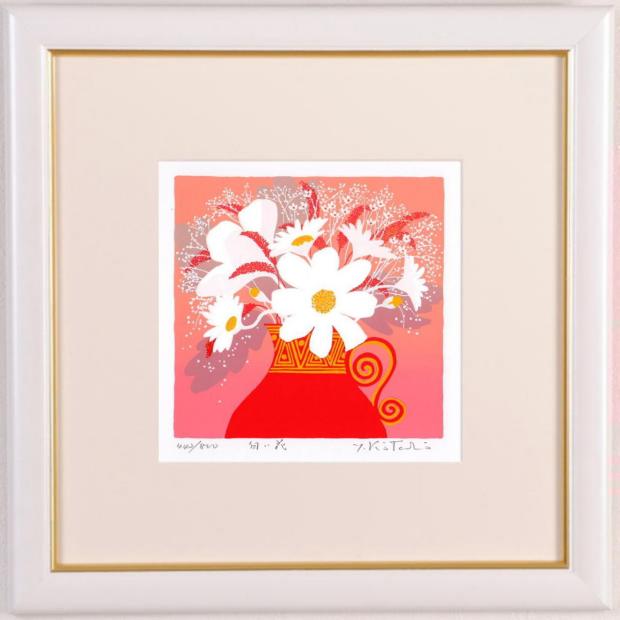 吉岡浩太郎がシルクスクリーンの版画で制作した花の絵「白い花」を通販で販売