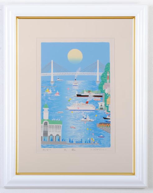 吉岡浩太郎がシルクスクリーンの版画で制作した横浜の海の絵「出航」を 