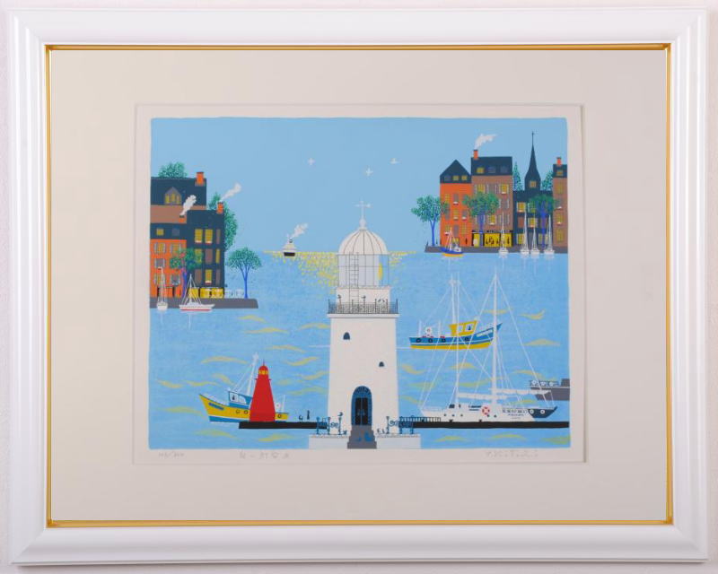吉岡浩太郎がシルクスクリーンの版画で制作した海の絵白い灯台